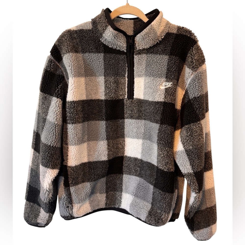 Nike Men’s Black Gray White Checkered Sherpa Pullover Quarter Zip Size Medium